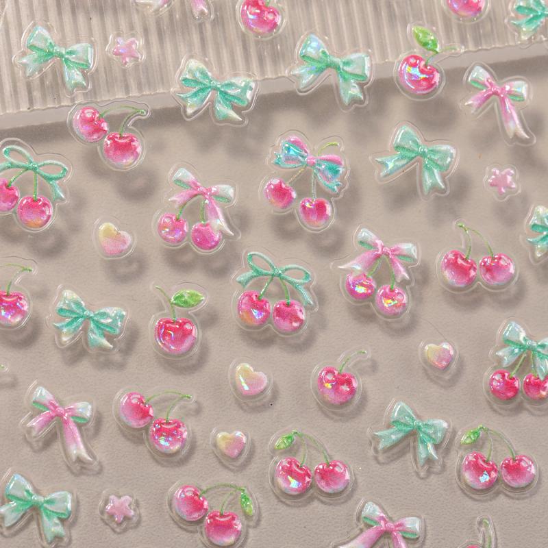 Cute Cherry Bow Nail Stickers Relief 3D Nail Appliques Adhesive Sliders Nail Art Accessories Nail Decoration