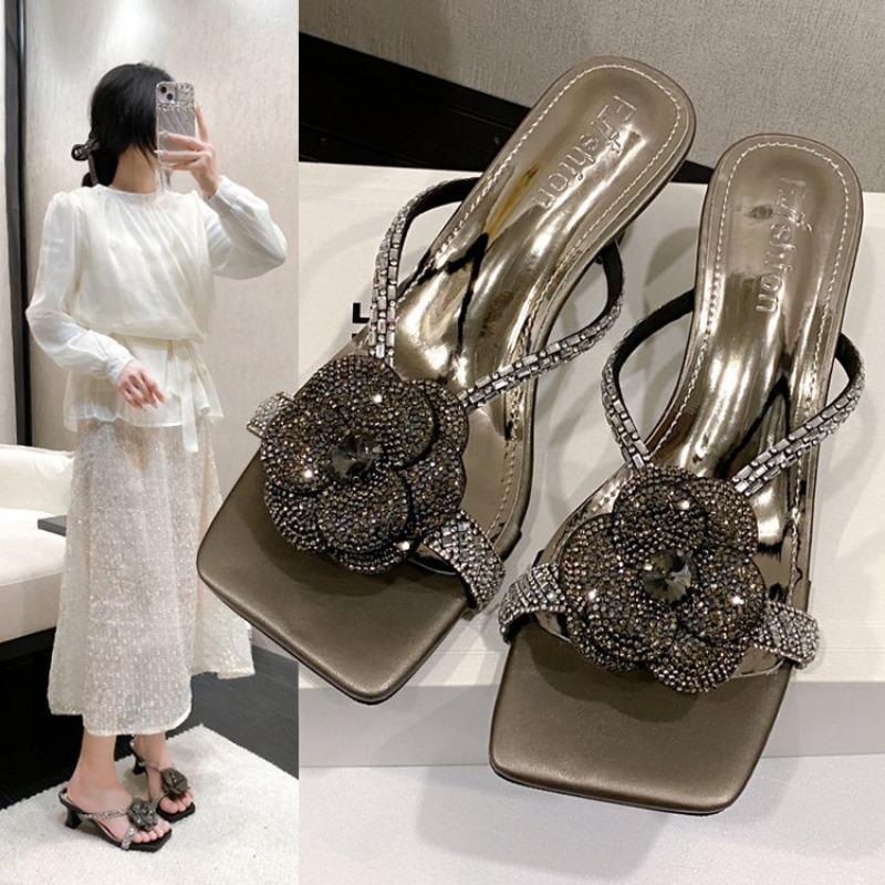 Shoes Slippers Women Summer Slides Thin Heels Fashion Heeled Mules Flower Low Pantofle Luxury High 2025Rome Rubber Floral Fabri