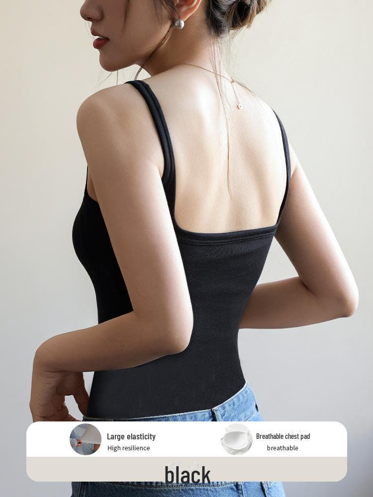 "Women's Summer Black Breathable All-in-One Vest Bra with Chest Pads and Suspenders"