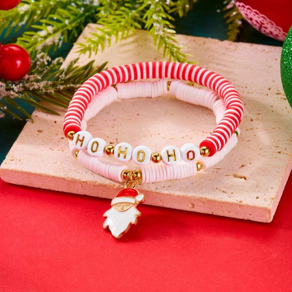 Christmas Santa Claus Pendant Bracelets Resin Letter Soft Clay Bead Double Layer Bangle Holiday Party Jewelry Gift For Women Men