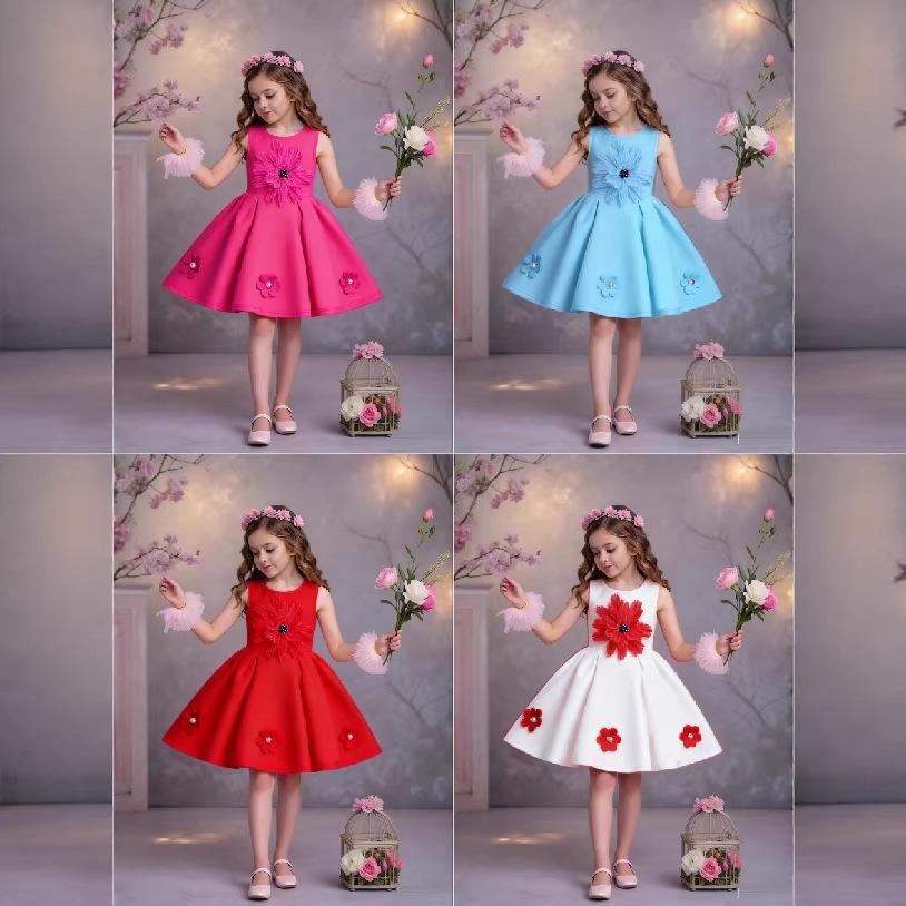 Girls Solid Color Dress Three-dimensional Flower Decoration Princess Dress