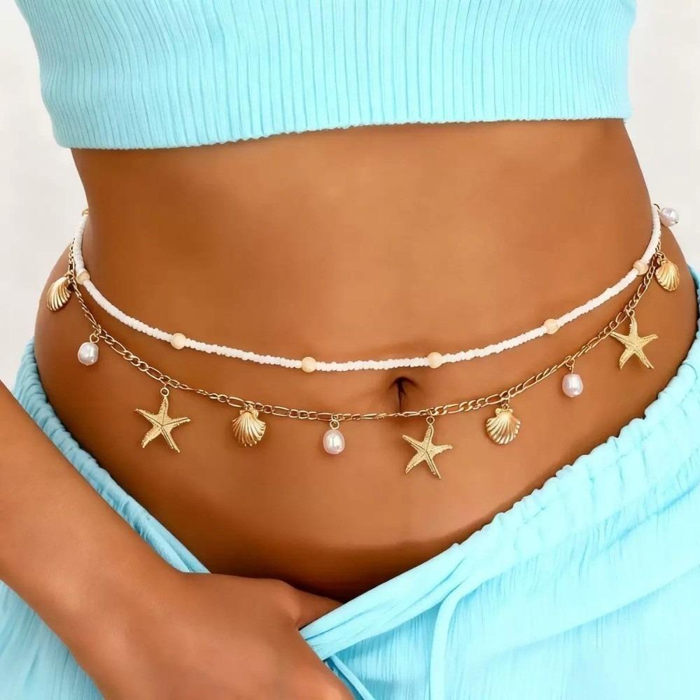 2 Pcs/set Shell Beads Body Chain Imitation Pearl Belly Chains Elegant Starfish Waist Chain  Summer