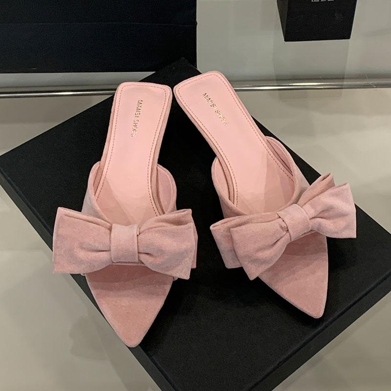 Fashion Fashion Butterfly-Knot Women Low Heel Slippers Shoes Female Slides Sandals Pointed Toe Footwear Ladies Heeled Slippers Shoes
