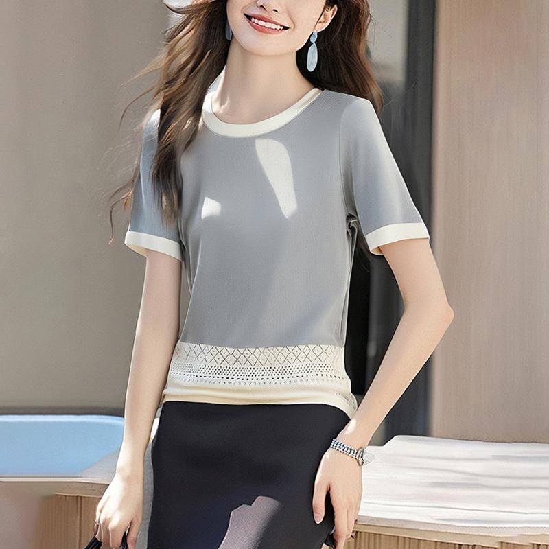 

Summer hook lace hollow splicing round neck women s color matching knitted top one size fits all синий