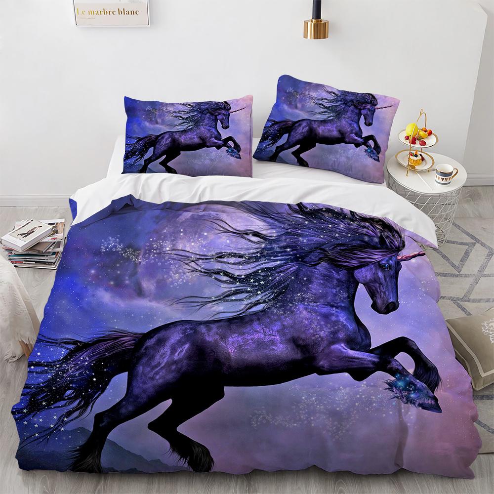 Blue Unicorn Duvet Cover Set Wild Animals Horse Polyester Bedding Set King Queen Full Size For Kids Boys Girls Comforter Cover