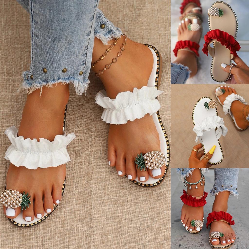 Sandal Heels For Women Women Flat Pineapple Toe Pearl Bohemian Casual Shoes Beach Sandals Slippers Zapatos Mujer