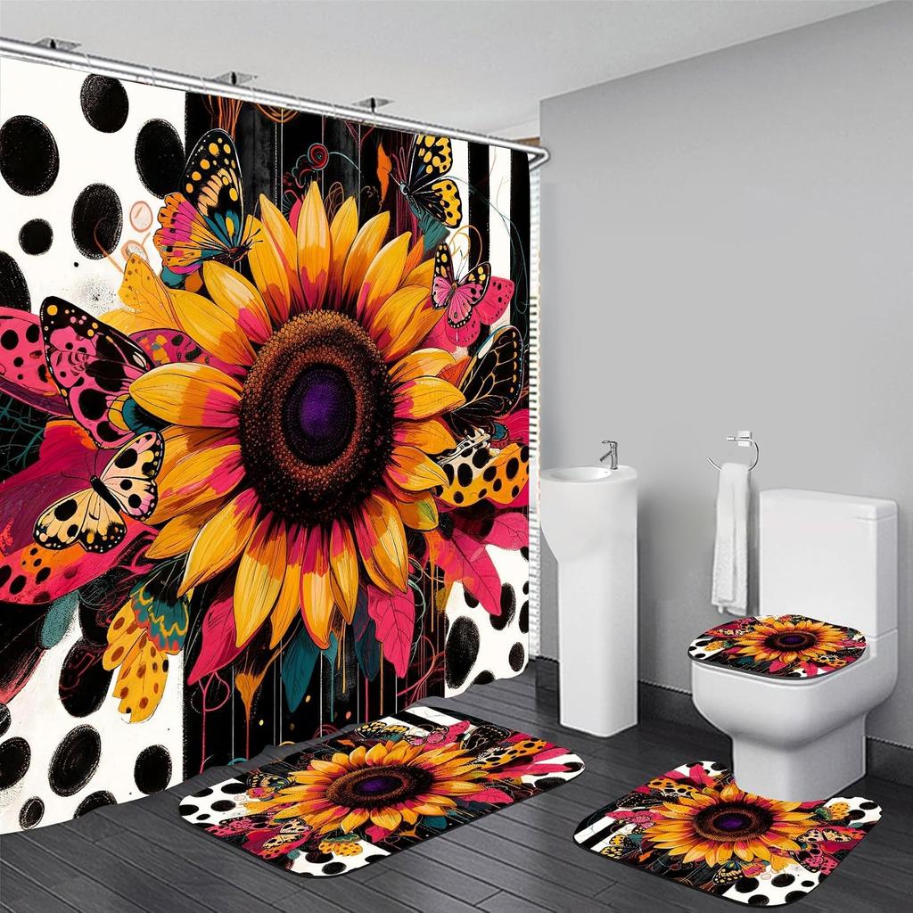 4Pcs Shower Curtain Set with Non-Slip Bath Mat, Toilet Lid Cover, Contour Rug & 12 Hooks, Bathroom