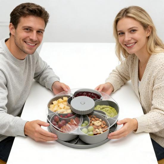 Divided Spin Serving Tray for Snack Dips Party Appetizers Rotating Snack Box Container with Lid Flower Shape Multi-Compartment Susan Organizer for