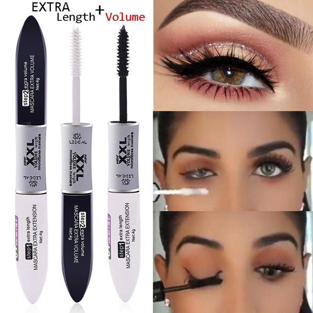 Mascara nero 2 IN 1 Volume in fibra di seta impermeabile Doppio effetto Trucco occhi arricciacapelli a lunga durata