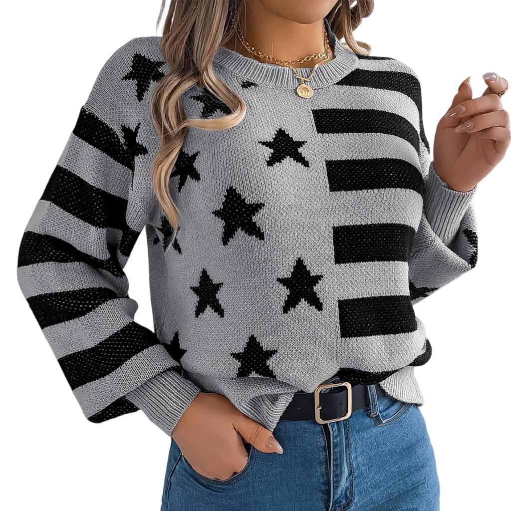 Women's Casual Star Striped Long Sleeve Pullover Sweater