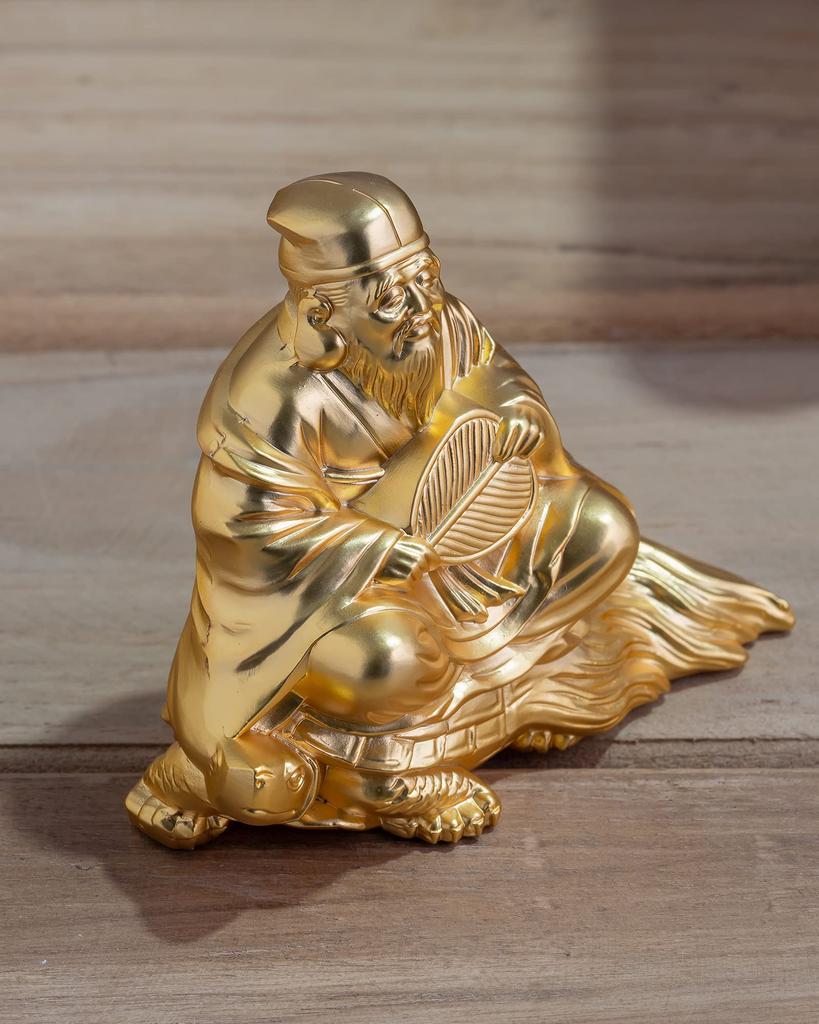 One of the Seven Lucky Gods, Jurojin (Gold Plated/24K Gold) by Sculptor Makita Shuun. Original Buddhist Statue, Takaoka Bronze (Jurojin 7fg).
