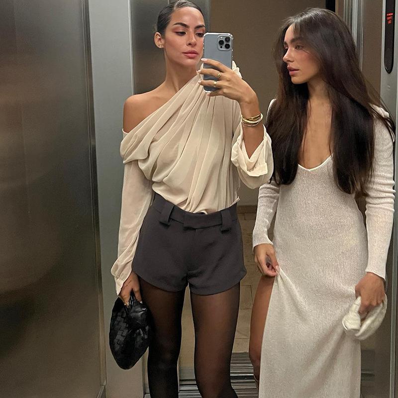 Nowe Bluzki Crop Top z Siateczki i Szyfonu z Aplikacjami Kwiatowymi z Odkrytymi Ramionami i Asymetrycznym Dekoltem Marszczone Jesień Eleganckie Długi Rękaw Prześwitujące