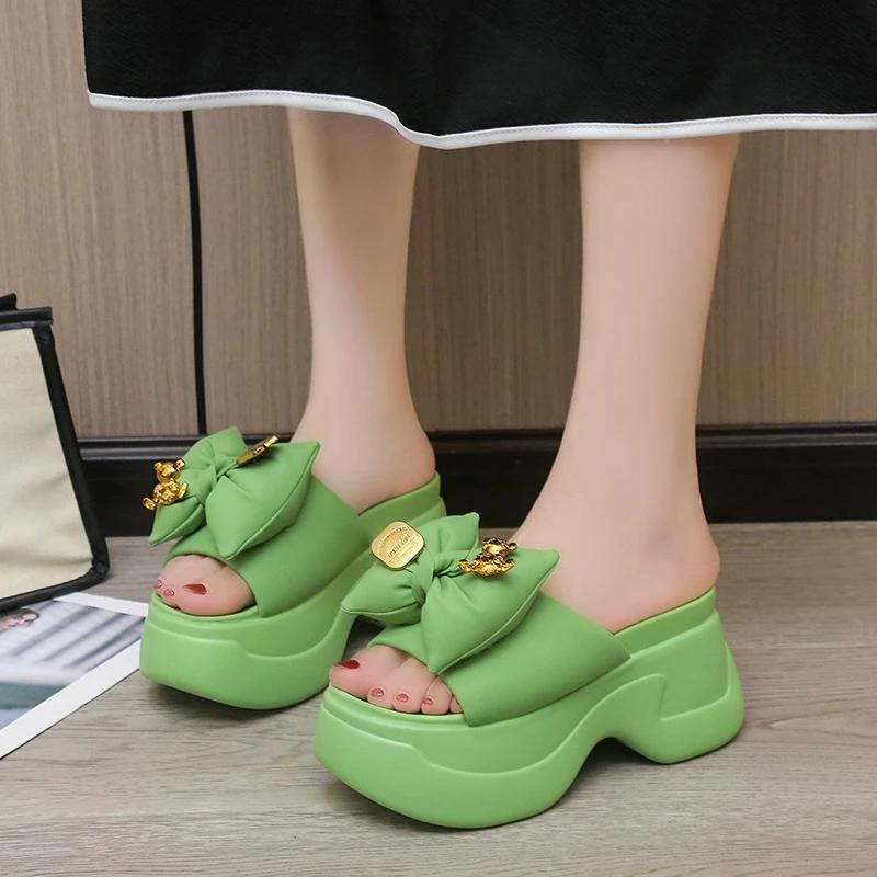 Fashion 9CM High Platform Slippers Women Solid Color Thick Sole Leather Sandals Woman Chunky Summer Casual Beach Slides Zapatos Mujer