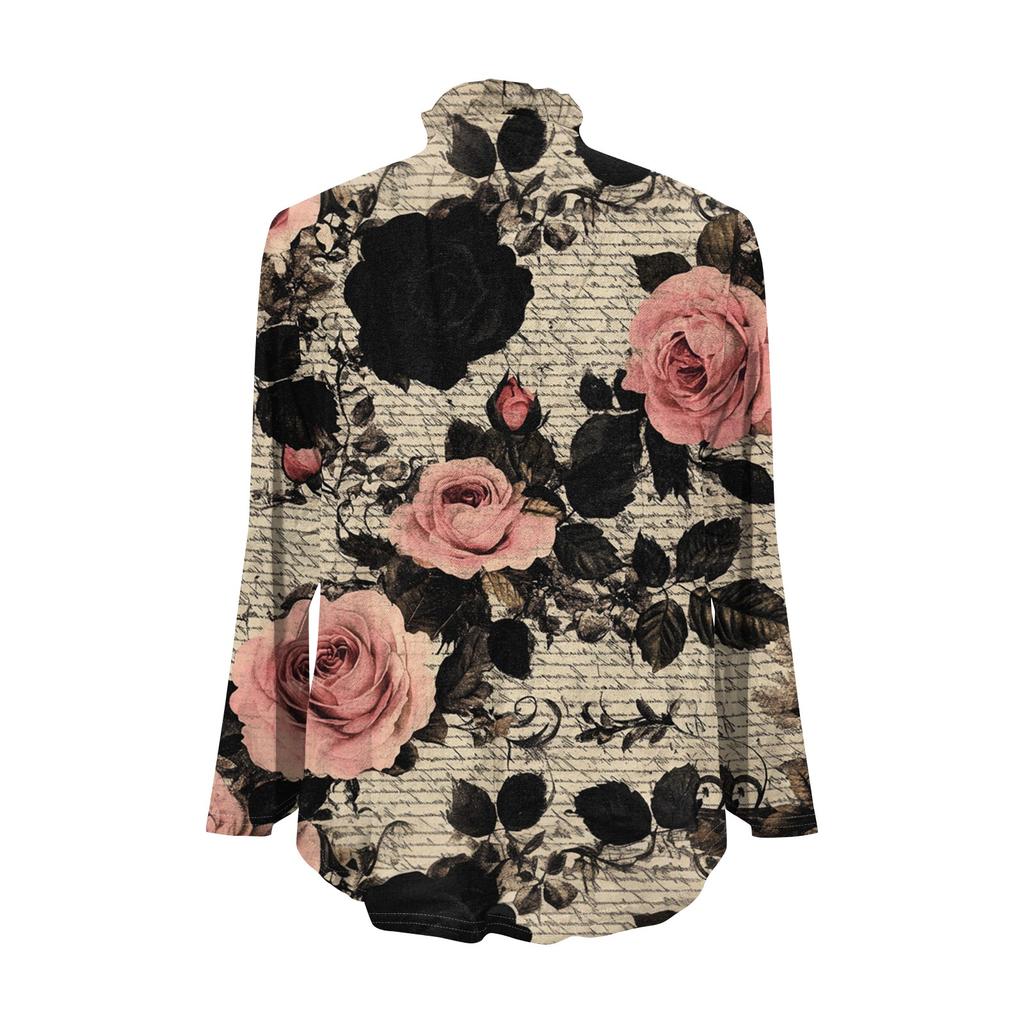 Women's Loose Ruffled Retro Floral Print Stand Collar Long Sleeve Cotton And Linen Top