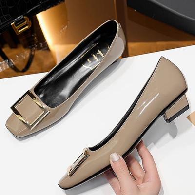 Lackleder Blockabsatz Einzelne Schuhe Herbst Neu Eckige Zehenpartie Flacher Ausschnitt Metall Quadratische Schnalle Weiche Sohle Rutschfest Niedrige Absatzschuhe