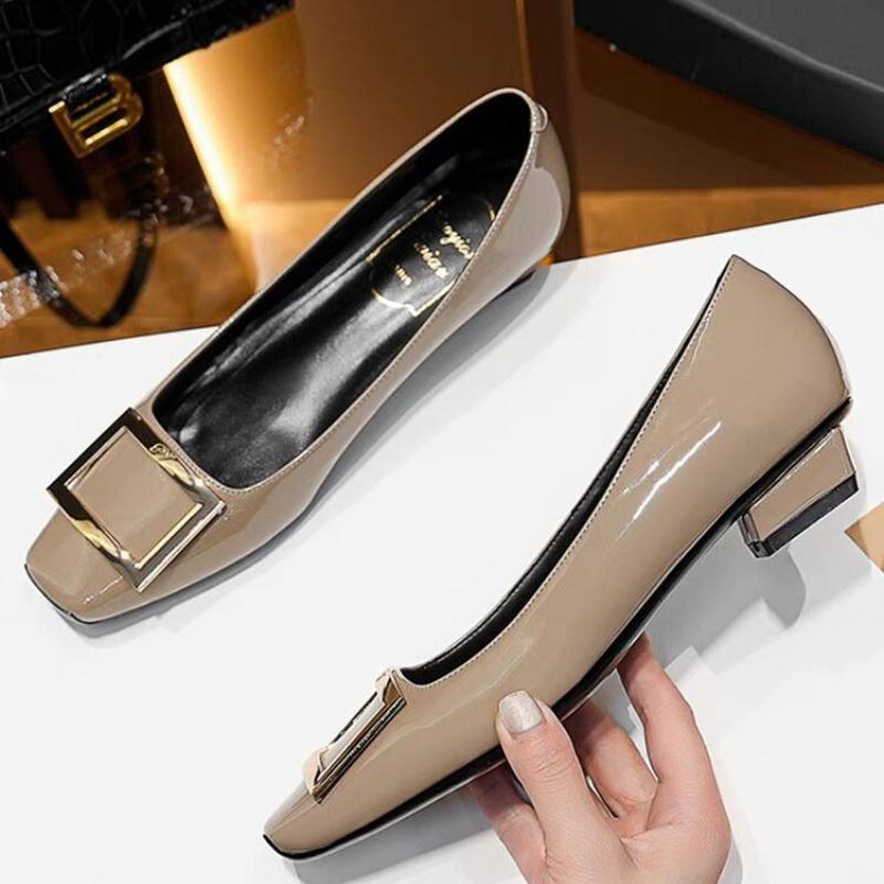 Patent Leather Block Heel Single Shoes Autumn New Square Toe Shallow Mouth Metal Square Buckle Soft Sole Non-slip Low Heel Shoes
