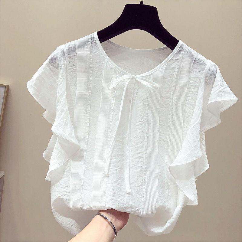 

Elegant Loose Lace Up Bow Ruffles Chiffon Blouse Women Clothing Summer Casual Pullovers Solid Color Office Lady Shirt 3XL білий