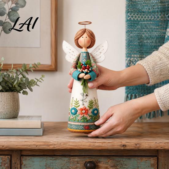 Vintage Floral Figurine Ornament Hand Carved Flower Angel Statue Decorative Fine Carving Ornament Home Table Decoration for Living Room Bedroom