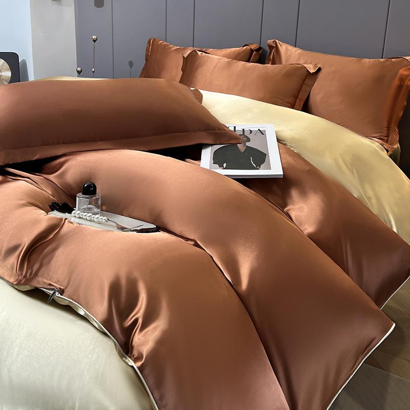 Summer Ice Silk Four-Piece Bed Hat Imitation Tencel Quilt Cover Cool Silk Bed Sheet Washed Silk Quilt Cover