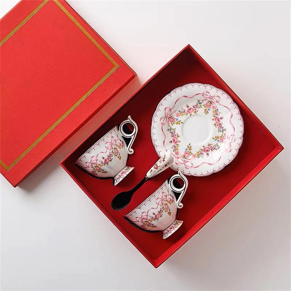 European-style Bone China Coffee Cup Afternoon Tea Cup and Saucer Kitchen Supplies Girl's Printed Cup and Saucer Set Gift