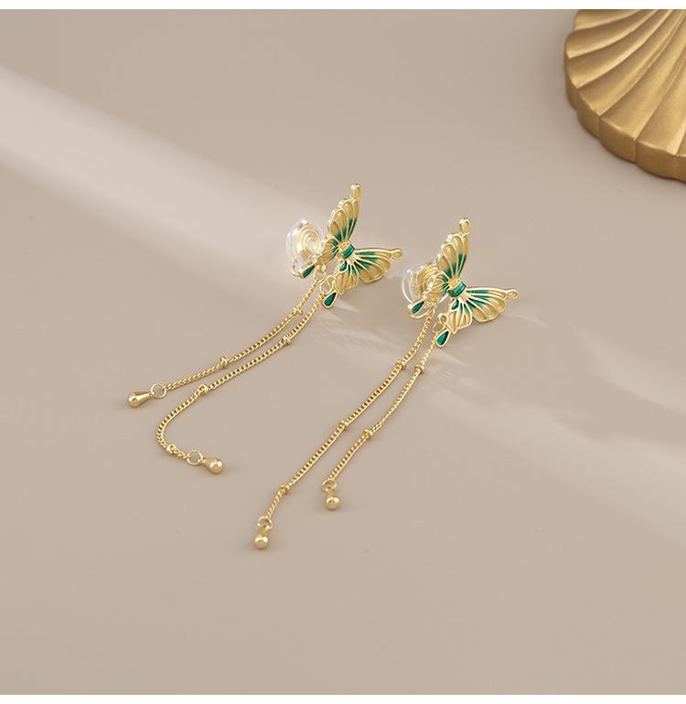 Green Butterfly Tassel Earrings for Women Long Retro Mosquito Coil Ear Clip Without Ear Piercings