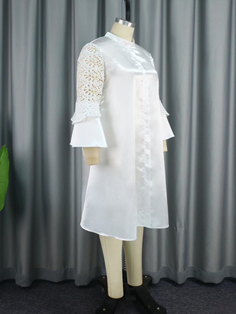 AOMEI Rochii albe din satin ocazional pentru femei Toamna Dantela Patchwork Jumătate cu mânecă Confortabil Modestă Elegantă Femeie Africană Lucru de birou Nou