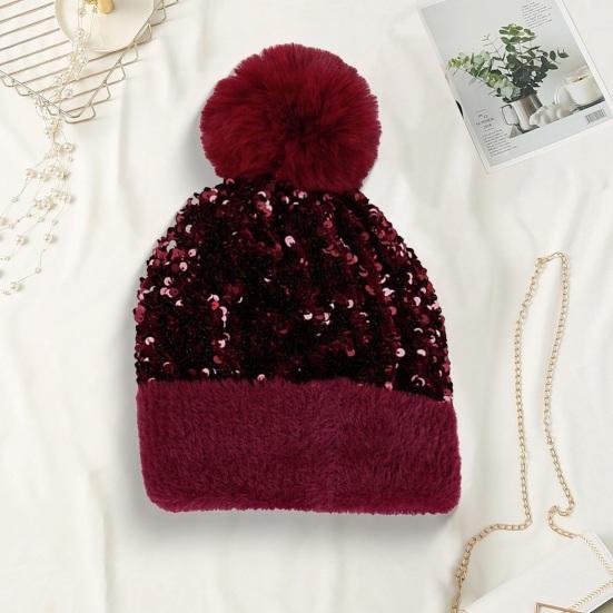 Women Knitting Hat Plush Ball Decor Shiny Sequins Decor Brimless Hat Winter Warm Furry Bucket Hat Headwear