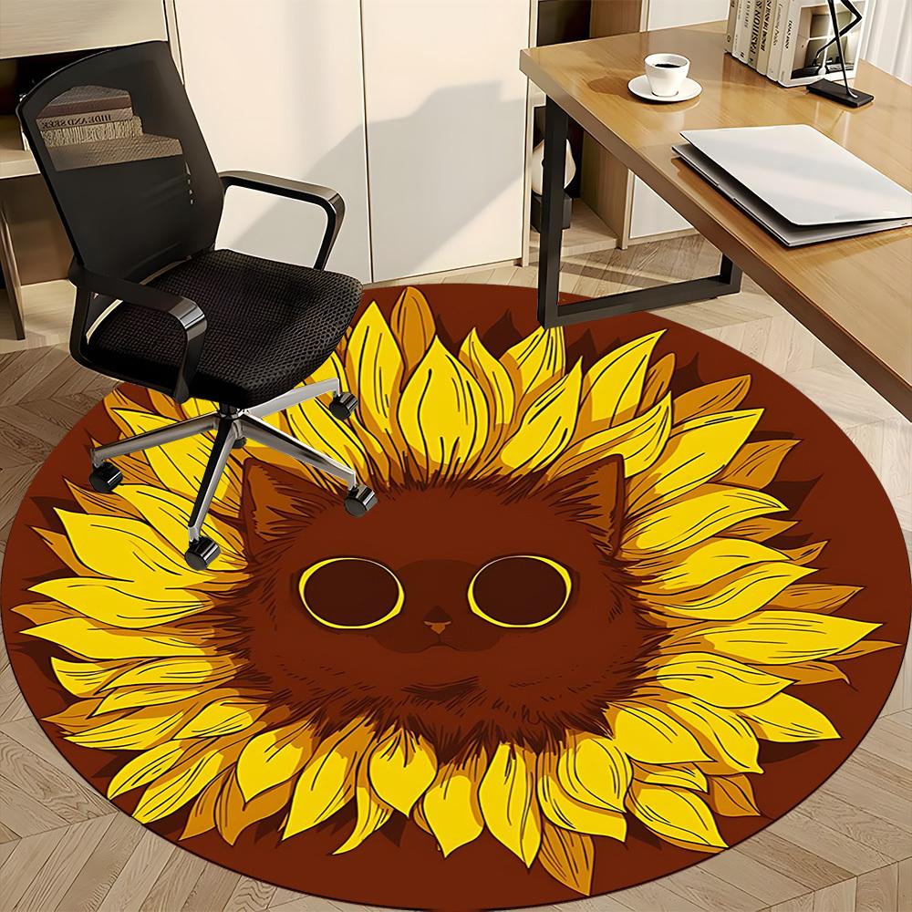1pc Sunflower Cat Office Round Area Rug,  Mat Suitable For Office, Under Office Chairs Bedroom Living Room Home Decor, Room Deco