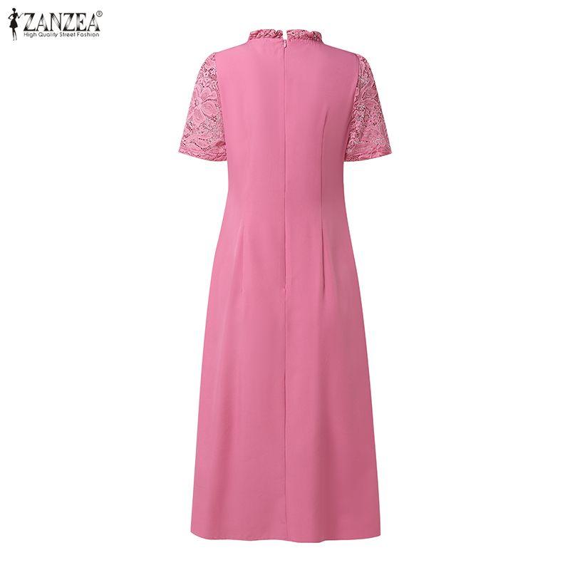 ZANZEA Women Casual Round Neck Short Sleeve Lace Patchwork Dress