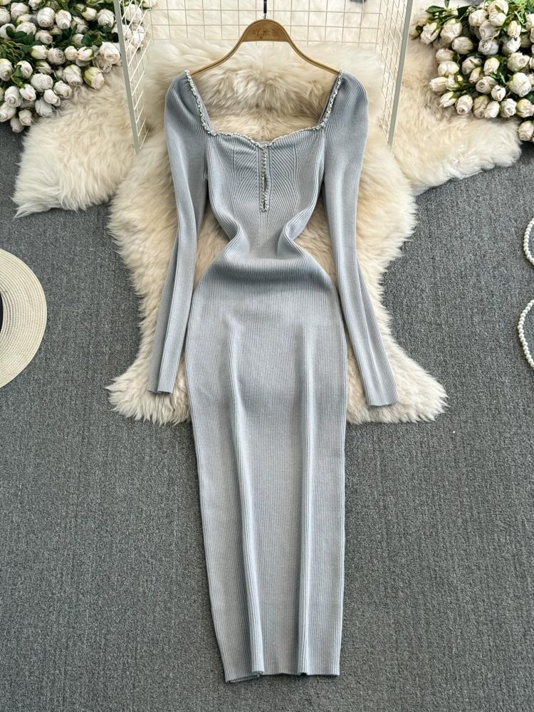 Autumn and Winter Long Sleeved Diamond Studded Square Collar with Cinched Waist for Slimming Effect Medium To Long Version Knitted Dress for Women