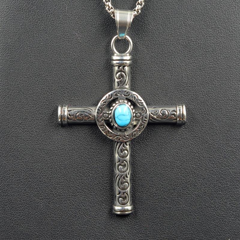 Retro Natural Blue Turquoises Cross Pendant Necklace Men Vintage 316L Stainless Steel Religious Jesus Crucifix Male Jewelry 60cm