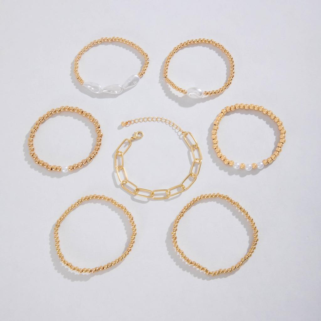 7PCS Fashion Versatile Bead Round Bead Chain Stacked Bracelet for Women's Jewelry with a Unique Design and Metal Style Bracelet Set
