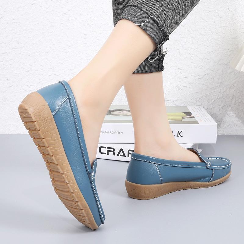 Large Size Women's Shoes Four Season Flat Single Shoes Genuine Leather Beans Shoes Middle-aged and Elderly Soft Sole Mother's Shoes