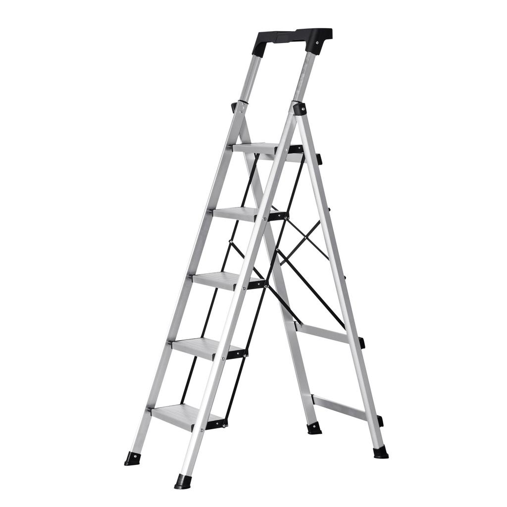 VEVOR Scala a 5 gradini, Sgabello pieghevole con pedale antiscivolo largo e maniglia comfort, Scala a pioli portatile in alluminio con capacità 150 kg