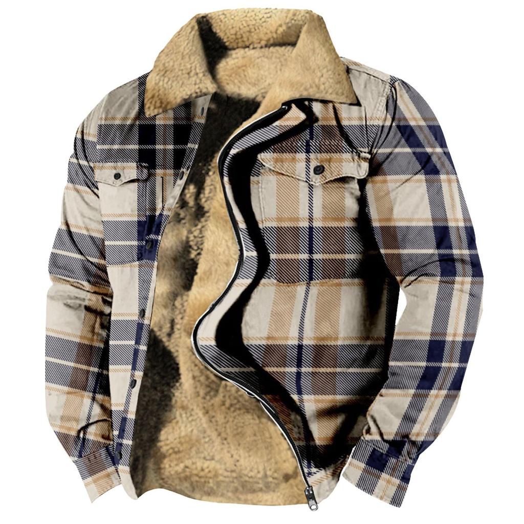 Men's Plaid Print Fleece Thickened Coat Jacket Men's Casual Fashion Warm Coat
