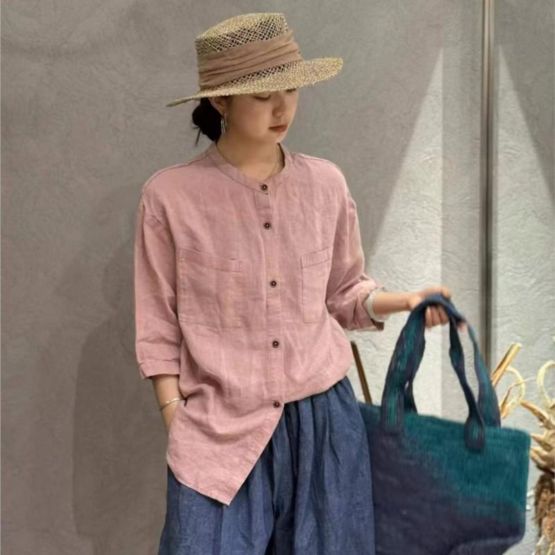 Johnature Casual Shirt Women Summer Retro Loose Versatile Single Breasted Seven Quarter Sleeved Top For Women