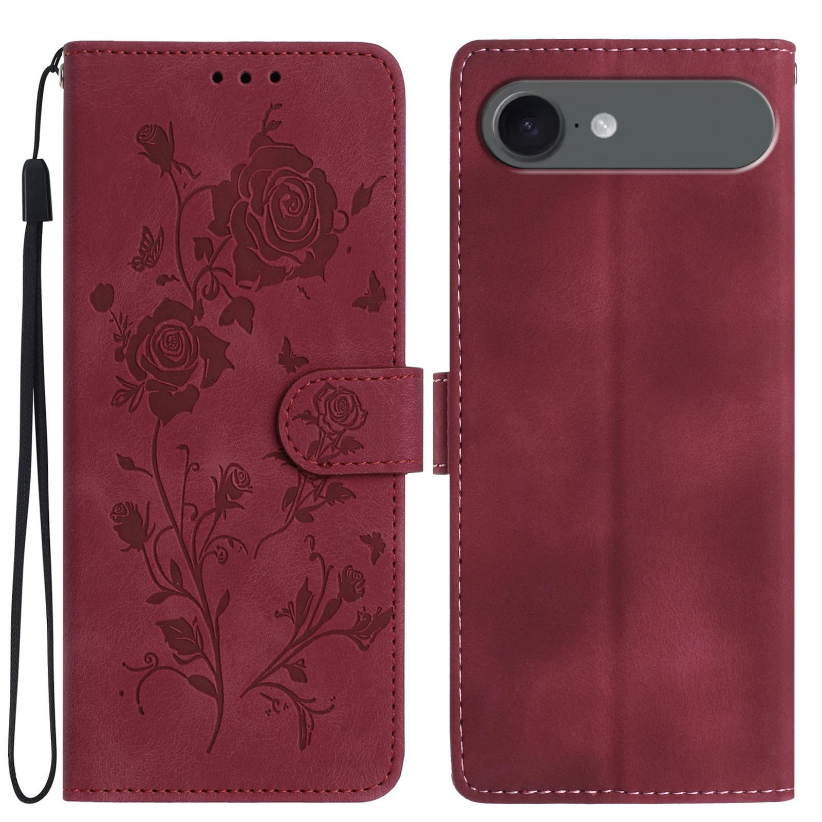 

For iPhone 17 Air Wallet Case Rose Pattern Imprinted Leather Flip Stand Phone Cover with Strap Red