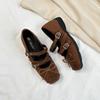 Height increase 5CM bow square head shallow mouth single shoes women's 2025 new retro style cross buckle suede ballet shoes