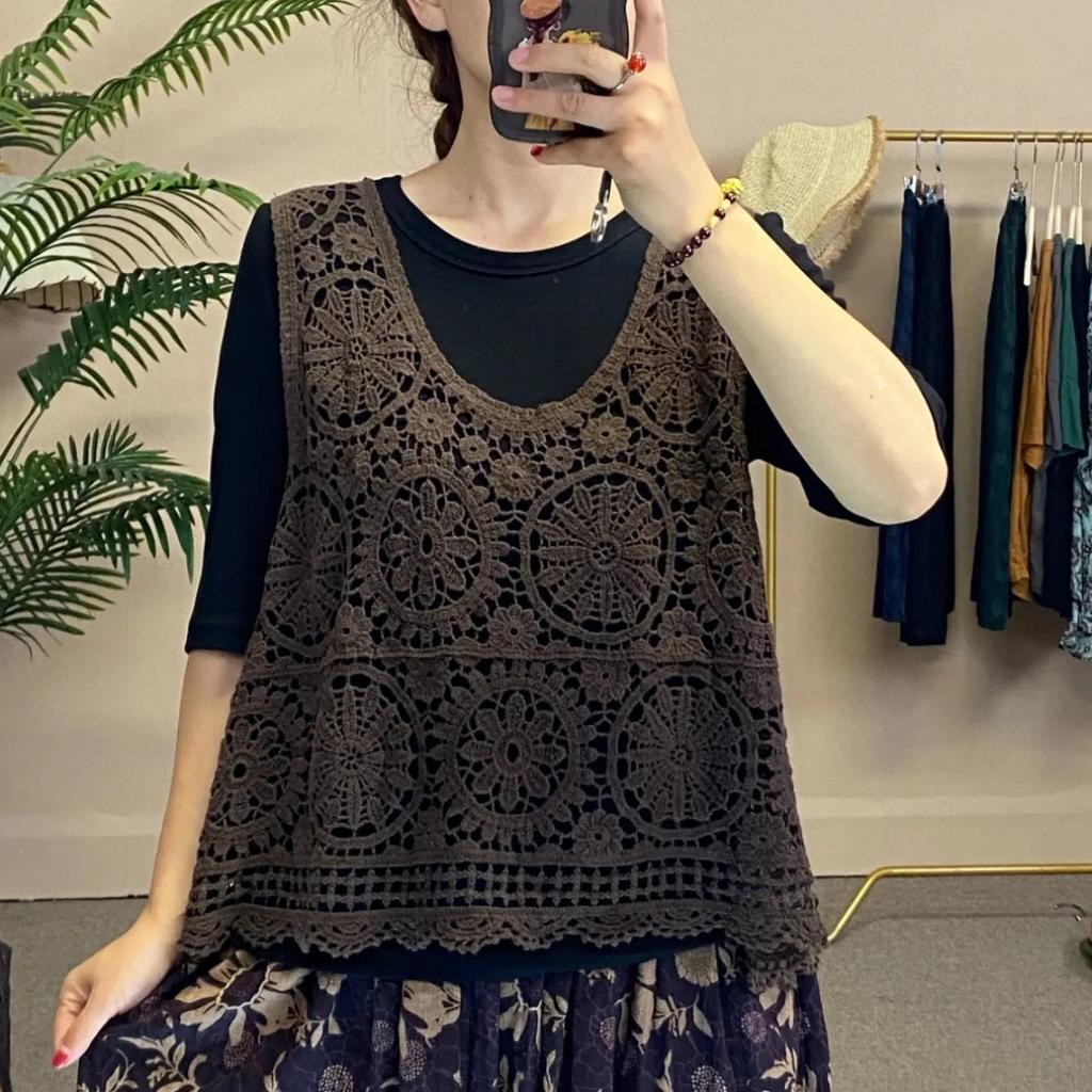 Chaleco de ganchillo de punto hueco para el verano de mujer con nuevo top de tirantes suelto bohemio sin mangas