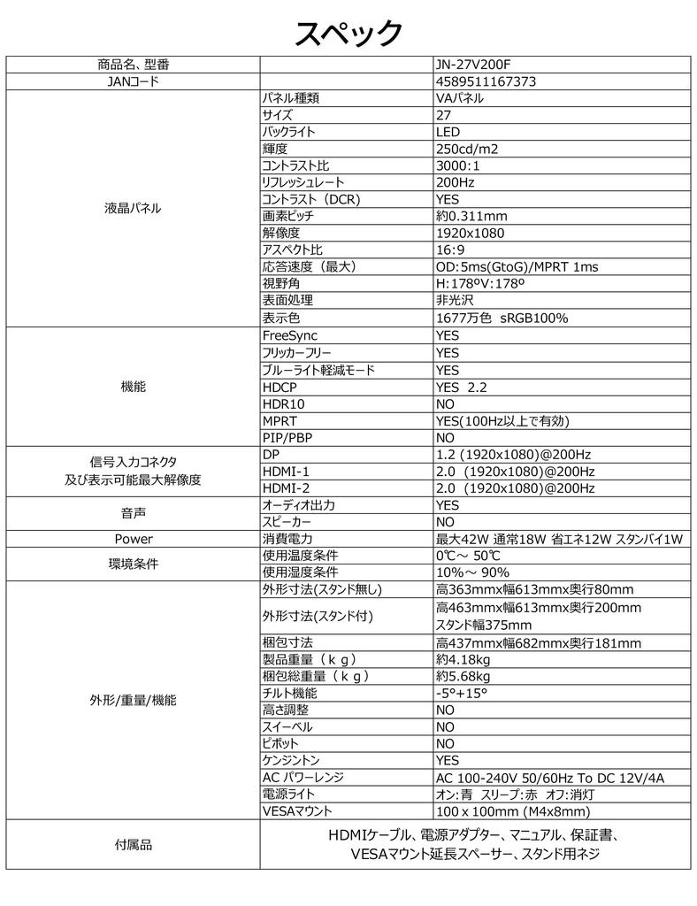 JAPANNEXT Gaming Monitor 200Hz 1ms Full HD 1920x1080 Resolution VA Panel Display Light Viewing 27-inch (HDMI/DisplayPort/VESA Compatible/Blue Cut/178°
