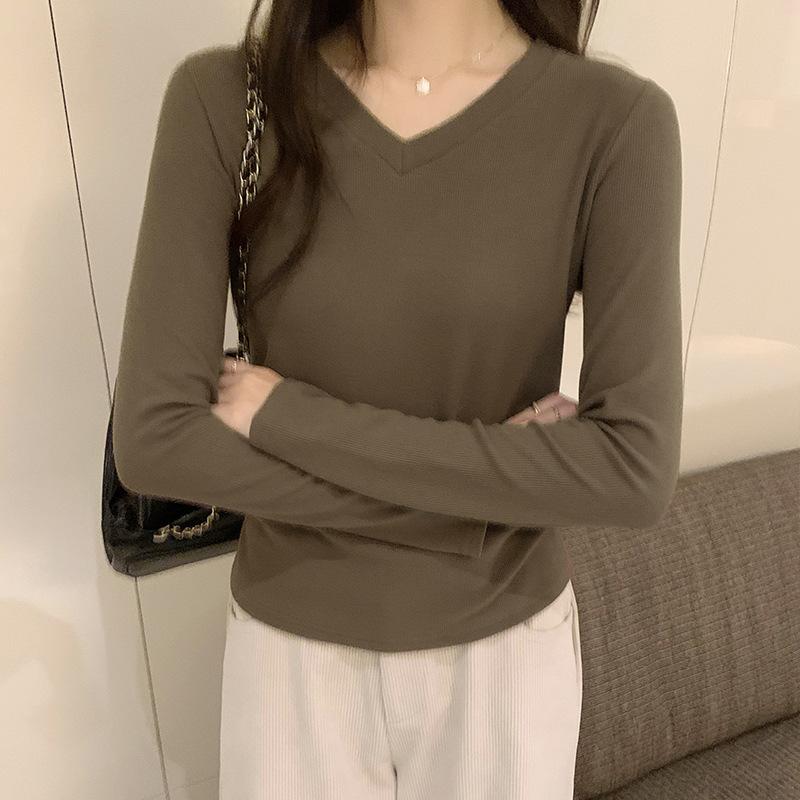

Простой свитер с V-образным вырезом, однотонный, с длинными рукавами, универсальный топ для женщин, осень-зима, новая плиссированная шикарная футболка, модная рубашка XL