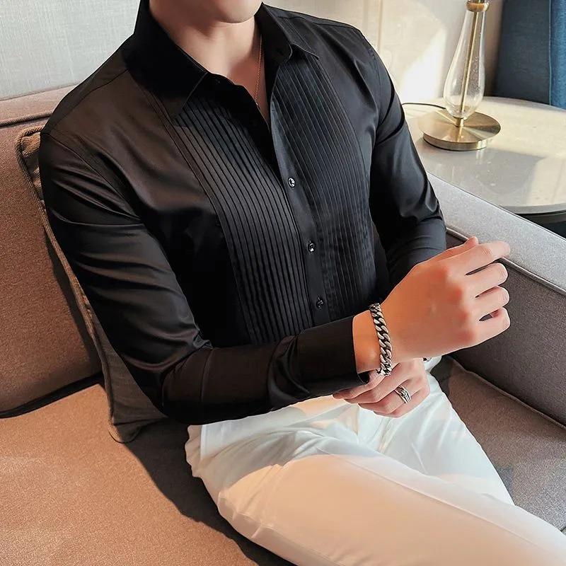 

Men s Black Pleated Front Long Sleeve Dress Shirt Slim Fit Formal Button-Up Blouse S чёрный