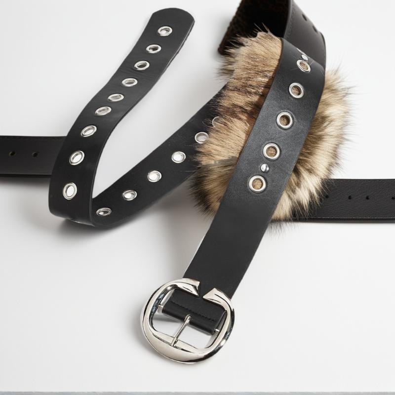 Punk Pu Leather Fur Belt Y2K Metal Studded Plush Waist Chain Faux Fur Belts Furry Sexy Vintage Waistband Hiphop Jeans Belt