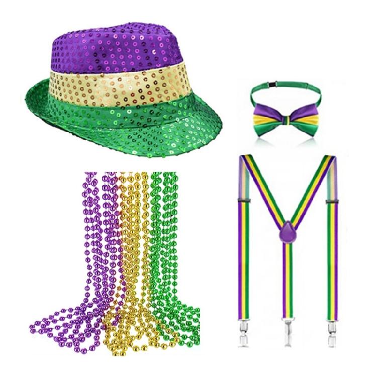 

Mardi Gras Party Dress Up Set Sequins Fedora Cap Neckwear Braces Festival Supply 1