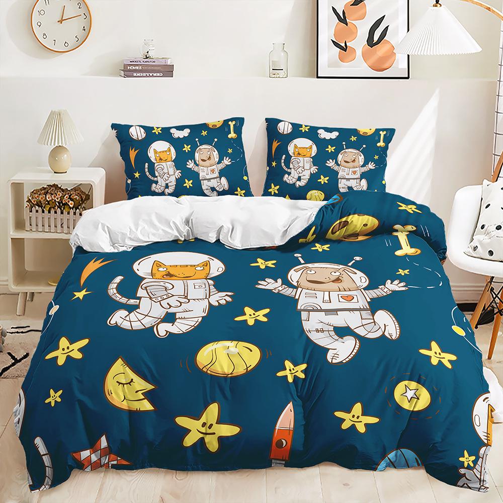 Quilt Cover Cartoon Planet Bed Cover Pillowcase Digital Printing Bedding Three-Piece Set