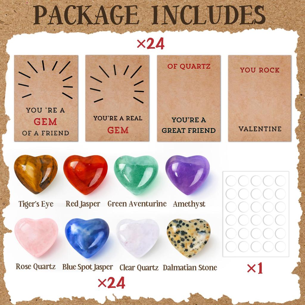 24Pcs Valentine's Day Cards with Love Hearts Valentines Gift Cards Heart-Shape Stone Valentine Exchange Card for School Party