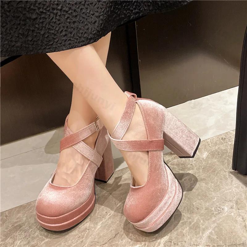 Hot Selling Mary Janes Shoes Women Suede Luxury High Heel Lace Up Trend Lolita Shoes Elegant Chunky Party Pumps Zapatos De Mujer