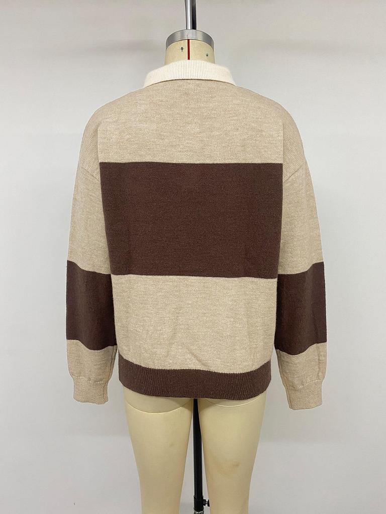 2026 Women's Retro Stripe Polo Collar Knit Sweater - Autumn/Winter Long Sleeve