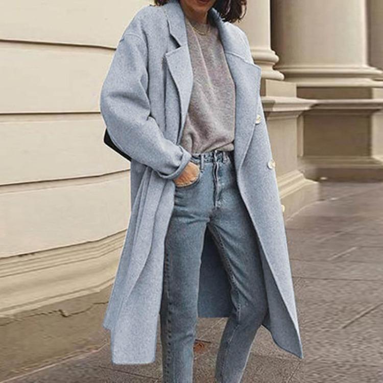 

Женские теплые зимние пальто Тренч из искусственной шерсти Пальто Приталенные Длинные Лацканы Куртки Верхняя одежда Двубортные Шерстяные пальто XXXXL синий