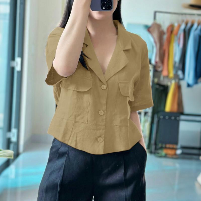 

ZANZEA Женская блузка с отложным воротником, летняя, повседневная, с коротким рукавом S хаки
